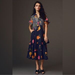 Anthropologie Floral Abstract Short Sleeve Midi Dress XXS